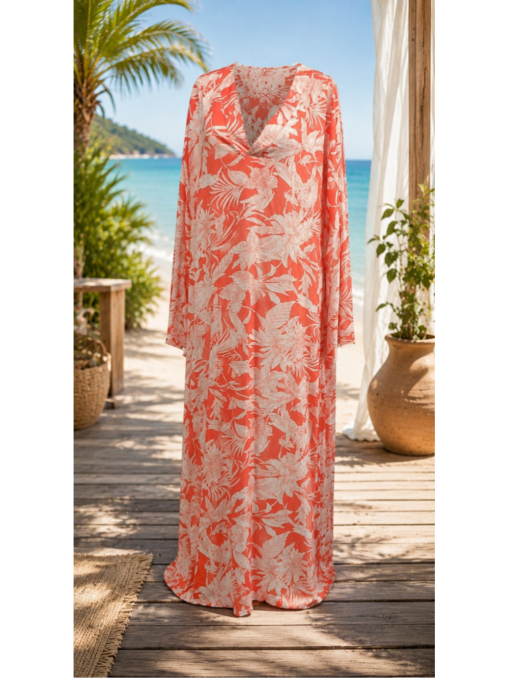 Essentials Coral Tropical Floral Maxi Dress 100% Rayon Long Sleeve Size 2X